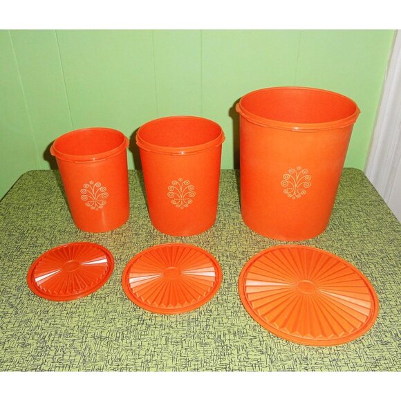 Vintage Orange Tupperware Nesting Canister Set of 3 servalier mcm 1970s storage - Picture 10 of 16